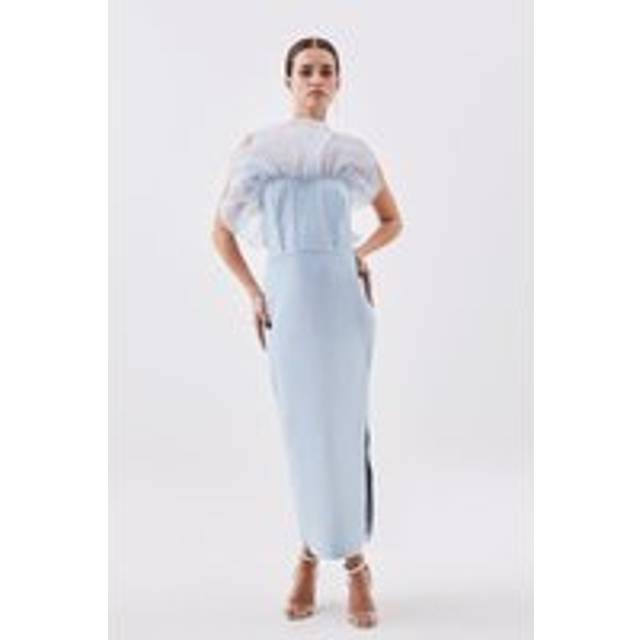 Petite Bandage Figure Form Knit Organza Frill Maxi Dress - Pale Blue