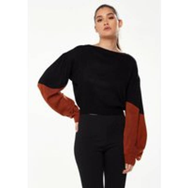 Womens Crop Jumper in Black with Contrast Sleeves in Brown - One Size