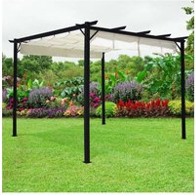 10x10ft Outdoor Retractable Steel Pergola with Removable Sun Shade Canopy - Beige - One Size