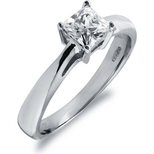 (P) Jewelco London Ladies Solid 9ct White Gold White Princess Cut Cubic Zirconia Solitaire Engagement Ring - Silver