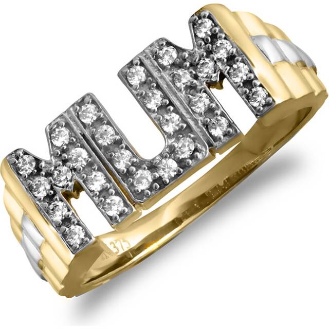 (O) Jewelco London Ladies Solid 9ct Yellow Gold White Round Brilliant Cubic Zirconia Brick Link Sides Pave MUM Ring - JRN124