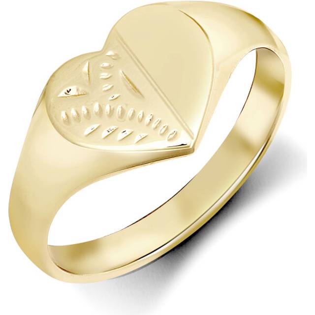 (O) Jewelco London Ladies Solid 9ct Yellow Gold Diamond Cut Love Heart Signet Ring