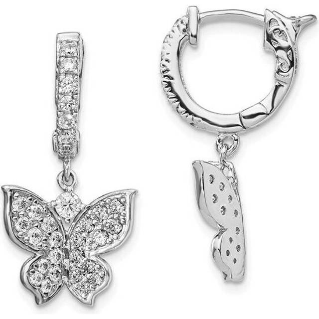 Sterling Silver Polished CZ Butterfly Hinged Hoop Dangle Earrings