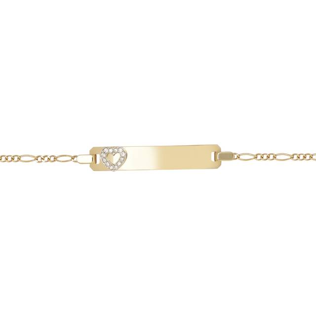 Jewelco London Girls Solid 9ct Yellow Gold White Round Brilliant Cubic Zirconia Love Heart Figaro Link Identity ID Bracelet, 6 inch 15cm - JID041-6