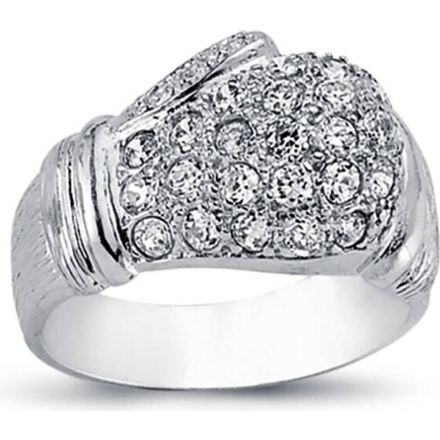 (Y) Jewelco London Mens Rhodium Plated Sterling Silver Round Cubic Zirconia Boxing Glove Charm Ring 14mm