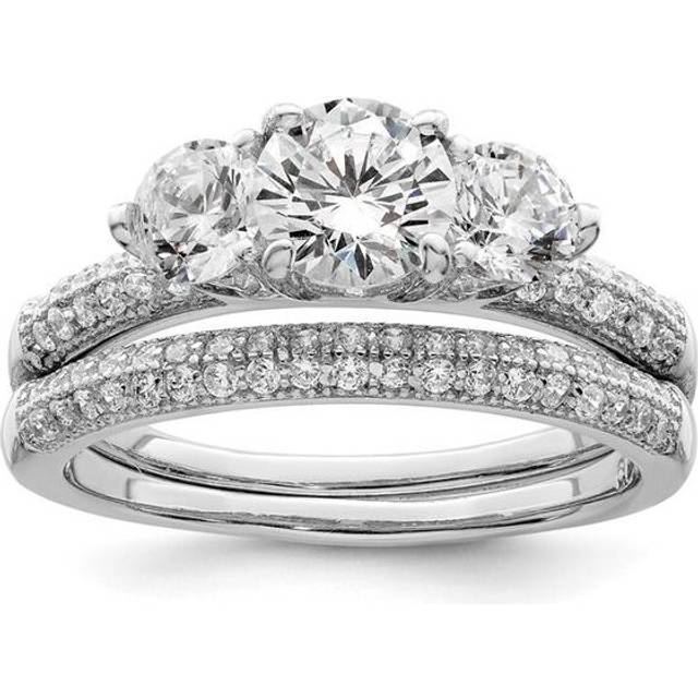 Finest Gold Sterling Silver Rhodium-Plated CZ 3-Stone Pave Band Engagement Ring Set - Size 6