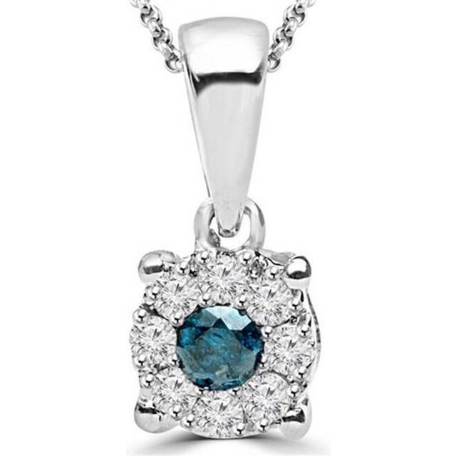 White & Blue Diamond Halo Pendant Necklace in 14K White Gold With Chain, 0.16 Carat