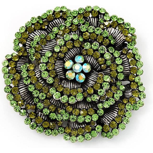 Avalaya Spectacular Grass Green Dimensional Rose Brooch (Antique Silver Tone)