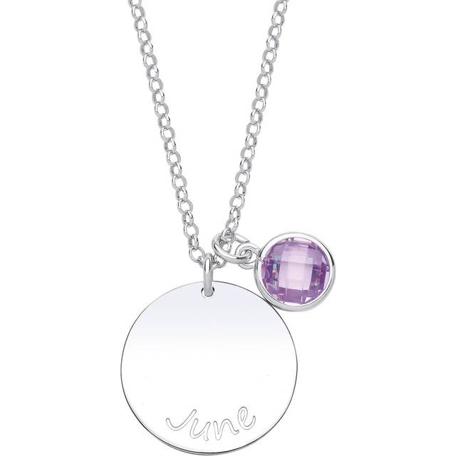 Jewelco London Ladies Sterling Silver Lilac Checkerboard Button Cubic Zirconia Birthstone Round Tag Medallion Necklace 16 inch - GVK306VIO