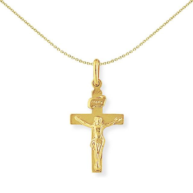 Jewelco London 9ct Yellow Gold Crucifix INRI Jesus Cross Charm Pendant - 13x28mm - CRNR02006