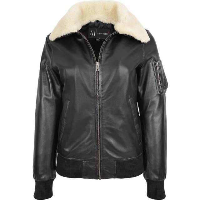 (10) Womens Leather Bomber Jacket Black Removable Sheepskin Collar Fitted Varsity Dolly
