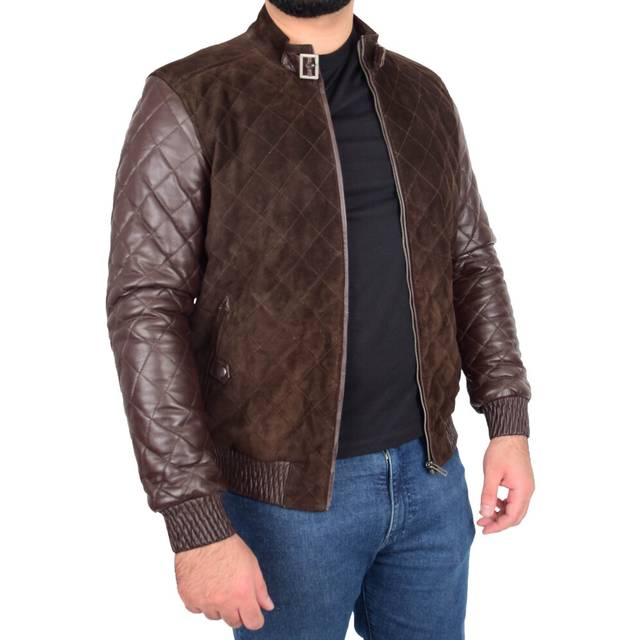 (3XL) Mens Bomber Jacket Brown Suede and Leather Slim Fit Fully Quilted - Axel