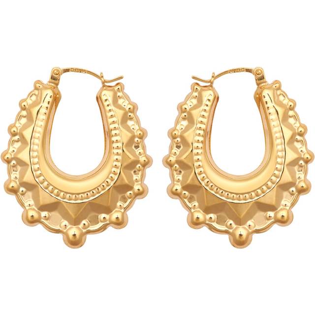 Jewelco London Ladies 9ct Yellow Gold Oval Pear Spikey Creole Earrings, 29x24mm - JER306A