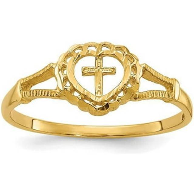 14K Diamond-Cut Childs Heart & Cross Ring