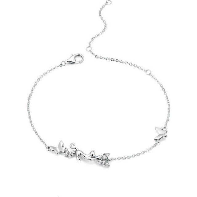 Cat & Butterflies Link Chain Bracelet for Women Silver plating Bracelets with Charms Anniversary Gifts