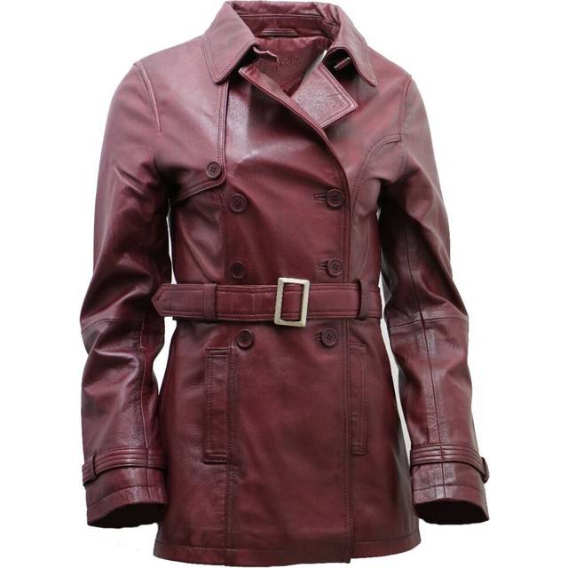 (XS) Womens 3/4 Burgundy Lamb Nappa Leather Trench Coat
