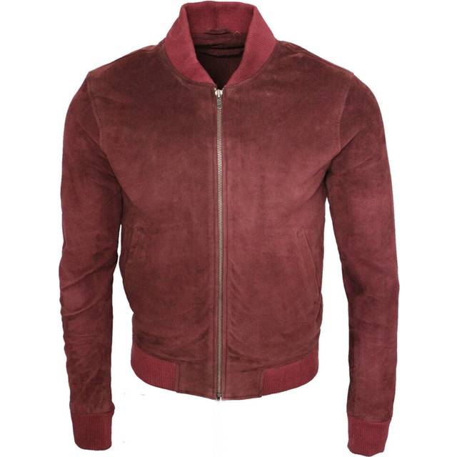(M) Mens Burgundy Suede Leather Bomber Varsity Jacket