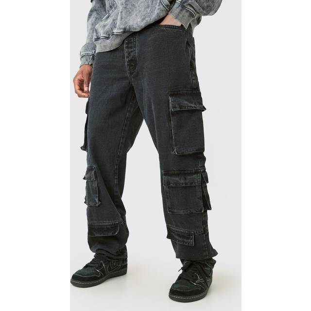 Mens Charcoal Tall Relaxed Fit Acid Wash Cargo Jeans
