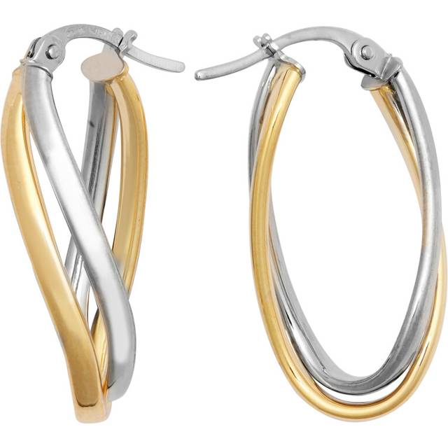 Jewelco London Ladies 9ct Yellow and White Gold Wavy Double Interlocked Oval Hoop Creole Earrings - JER800