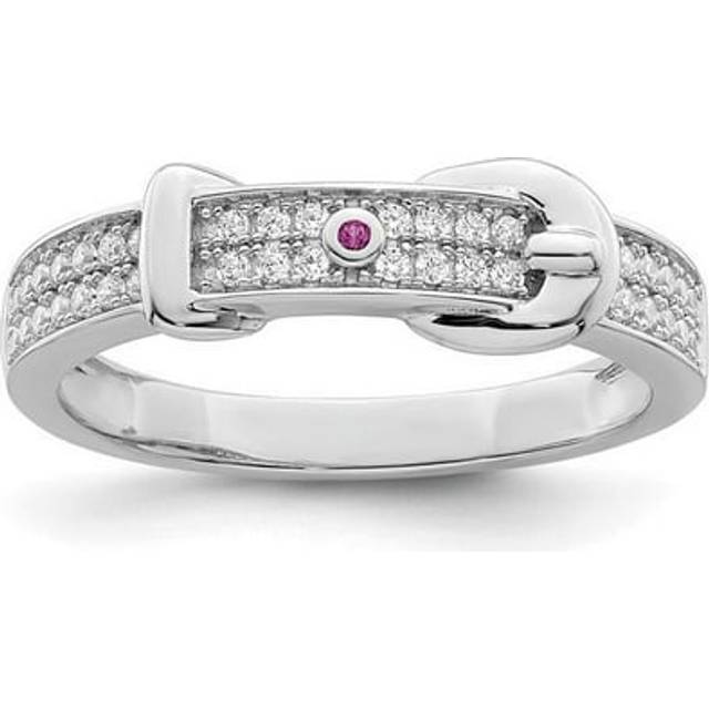 Sterling Silver Rhodium-Plated Created Red Corundum & CZ Buckle Ring - Size 6