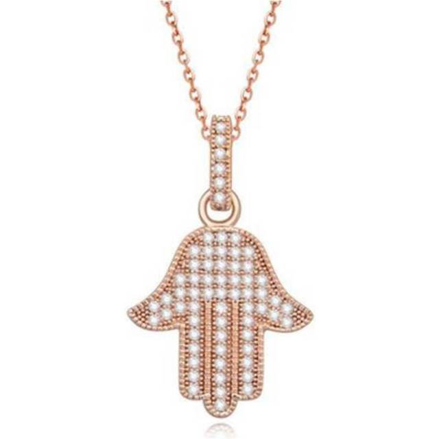 Rose Gold Pendant Necklace Hamsa Hand Lucky Gift Protect Evil Eye Safe - Clear