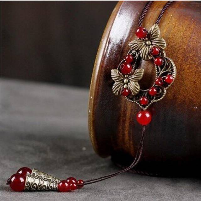 Long Ethnic necklace women&#39;s Copper Bowknot Vintage necklace chalcedony Rope Chain necklace pendants  jewelry New Dropshopping - Multicoloured