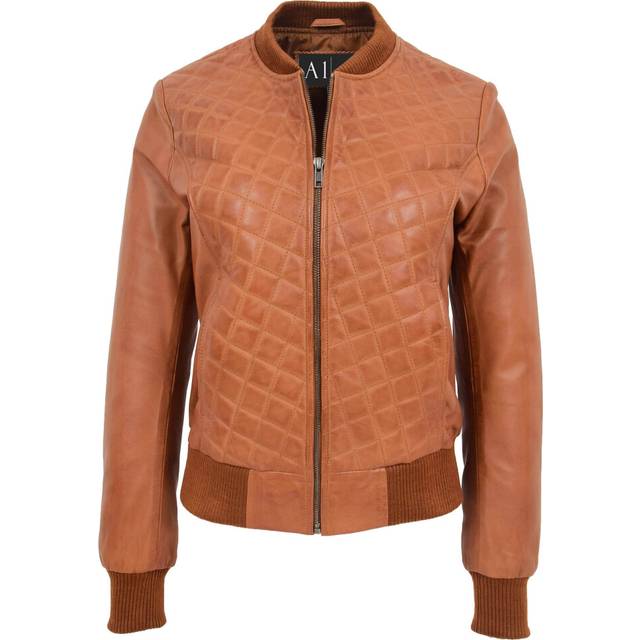 Womens genuine leather bomber jacket tan diamond quilted designer fitted varsity