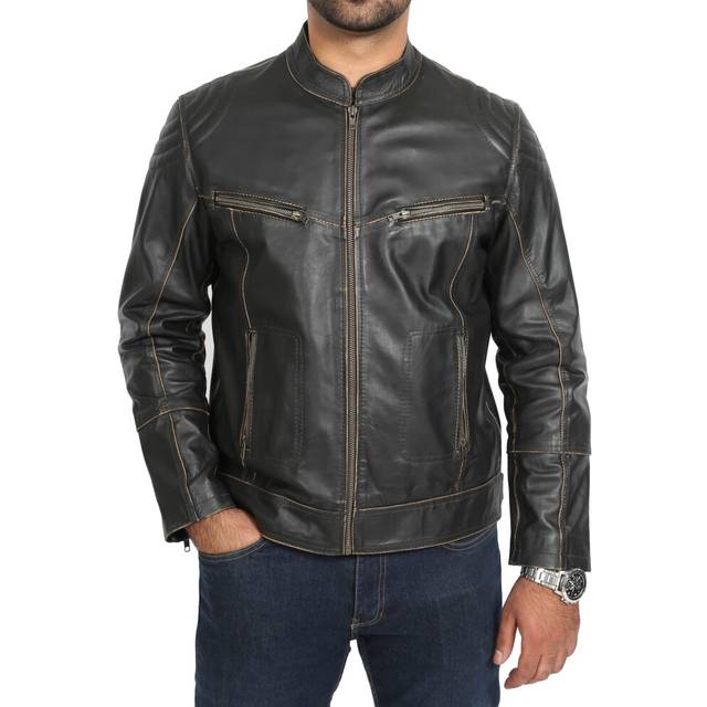 (Brown, S) Mens Biker Style Leather Jacket Vintage Rub Off Effect Matt Brown