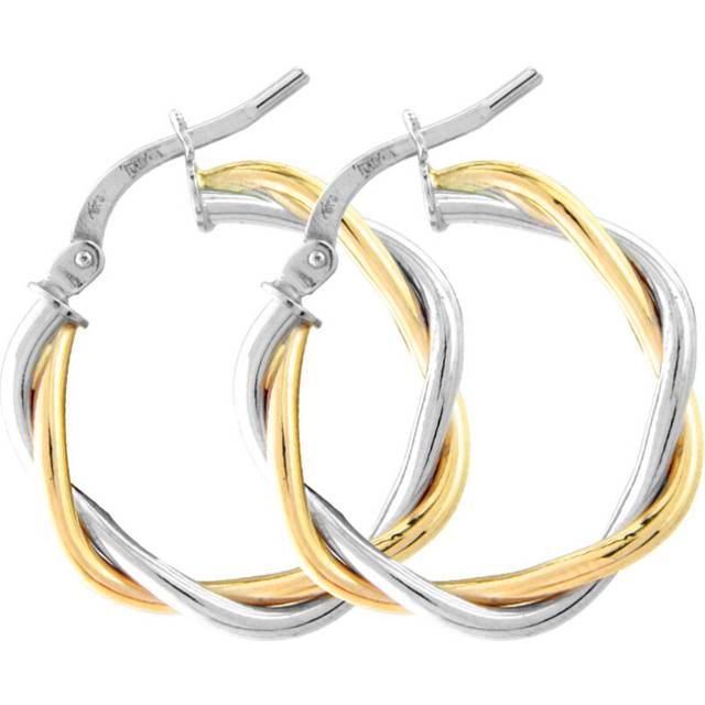 Jewelco London Ladies 9ct White Yellow Gold Weaved Twist Hoop Earrings - 15mm - ERNR02752