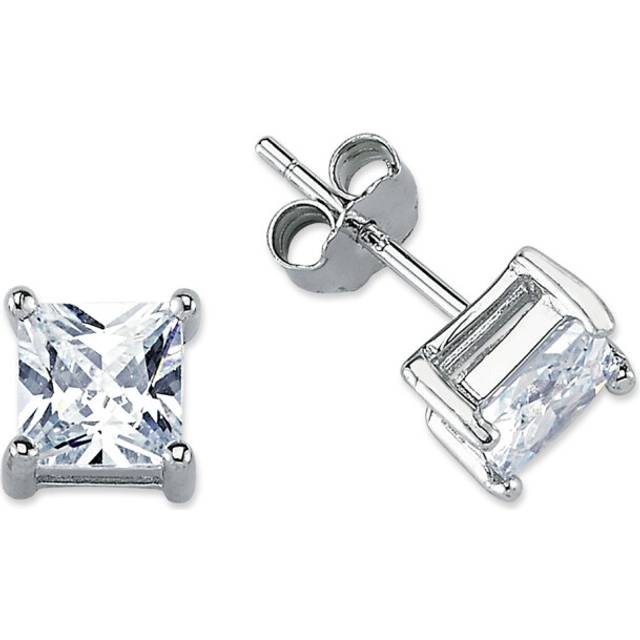 Jewelco London Rhodium Plated Sterling Silver Princess Cubic Zirconia Solitaire Stud Earrings 6mm - AES056A