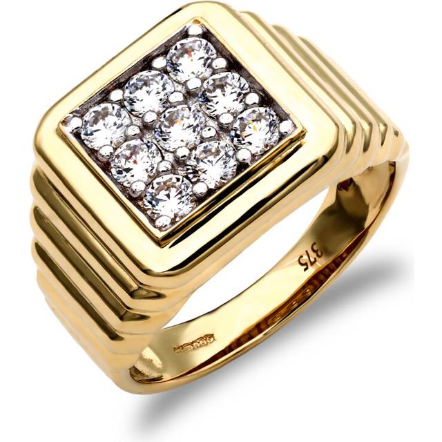 (S) Jewelco London Men&#39;s Solid 9ct Yellow Gold White Round Brilliant Cubic Zirconia 9 Stone Square Cluster Ribbed Signet Ring