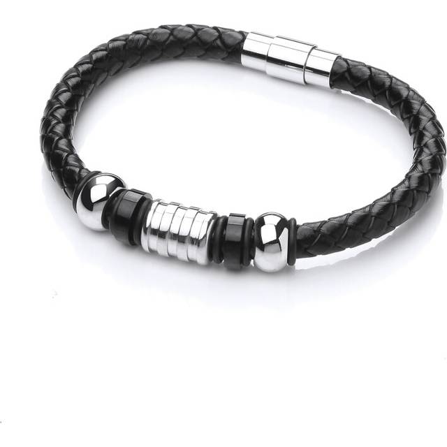 Jewelco London Mens Rhodium Plated Stainless Steel Black Leather Charm Bead Cuff Bracelet 11mm - BRC175 - Silver
