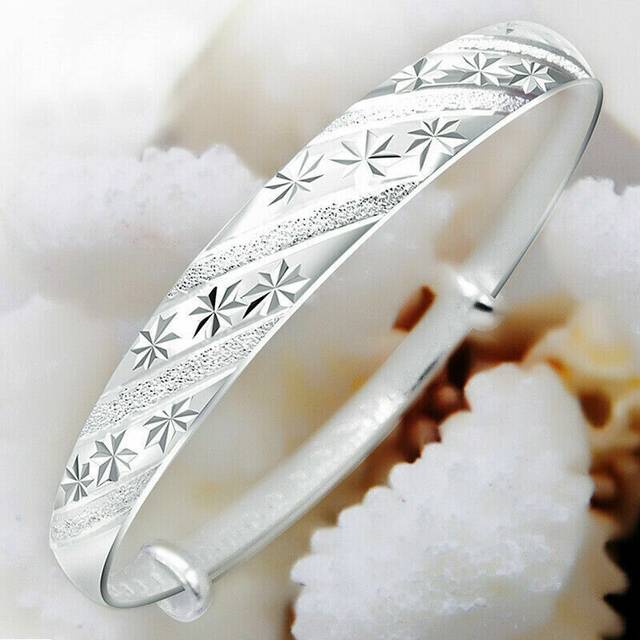 (Gypsophila) 925 Sterling Silver Ladies Round Beaded Feather Bracelet Angel Bangle Jewellery