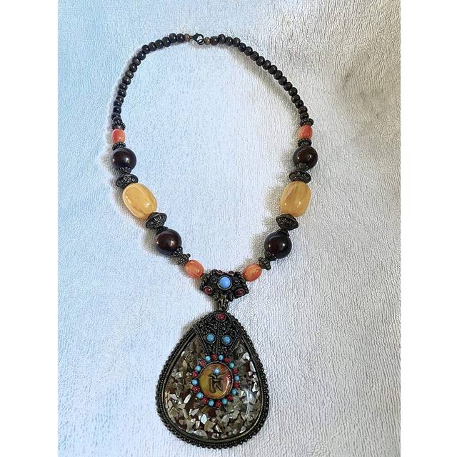 D Asian Vintage Necklace With Stones - Designer Jewelry accessory, - Grey