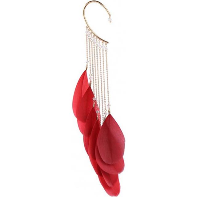 2 Pcs Women Fashion Super Fairy Feather Ear Ring Bohemia Style Long Tassel Earrings Wine red - Multicoloured