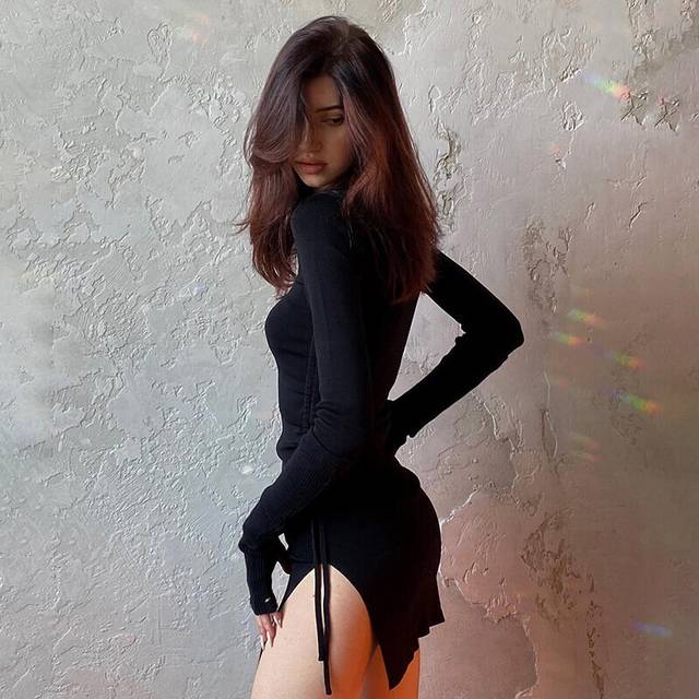 (S) Gothic Drawstring Bodycon Women Mini Dresses Grunge Basic Partywear Punk Black Split Sexy Long Sleeve Dress