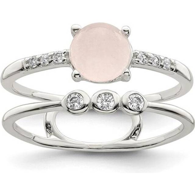 Finest Gold Sterling Silver Polished CZ & Pink Quartzite Double Ring - Size 6