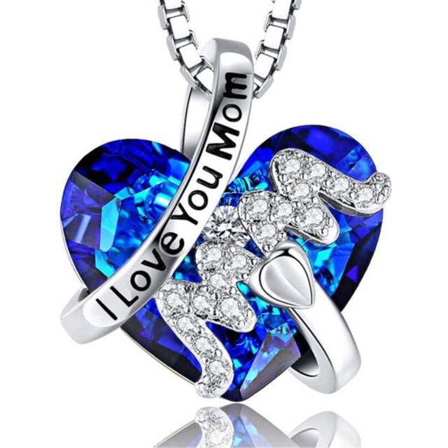 (Silver) Luxury Fashion Mom Pendant Necklace Red Blue Heart Crystal Jewelry Ladies Anniversary Birthday Christmas Mother's Day Gift