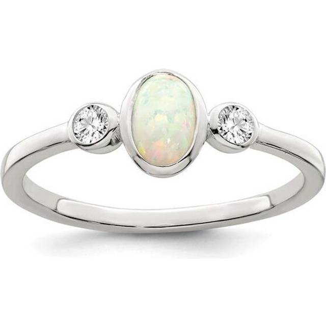 Finest Gold Sterling Silver Polished CZ & White Created Opal Ring - Size 6
