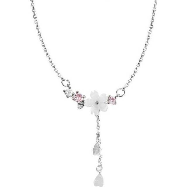 2PCS Women  Jewelry Silver plating Pink Cherry Blossom Necklaces  Tassel Clavicle Chain