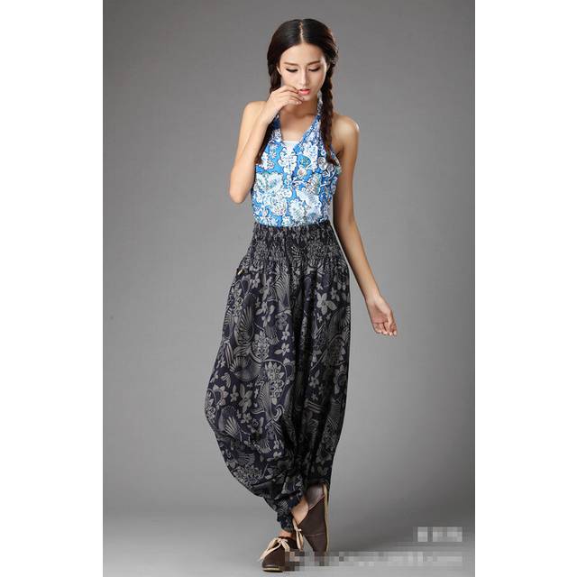 Vintage Floral Dark Blue Linen Woven Loose Harem Yoga Dance Trousers