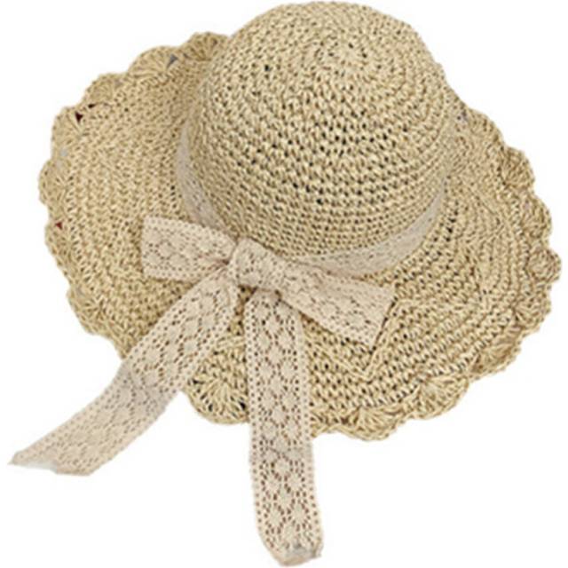 C15 Outdoor Ladies Handmade Crochet Big Brim Sunscreen Straw Hat Folding Lace Bow Beach Sun Hat Sun Hat Vacation Travel Hat for Women