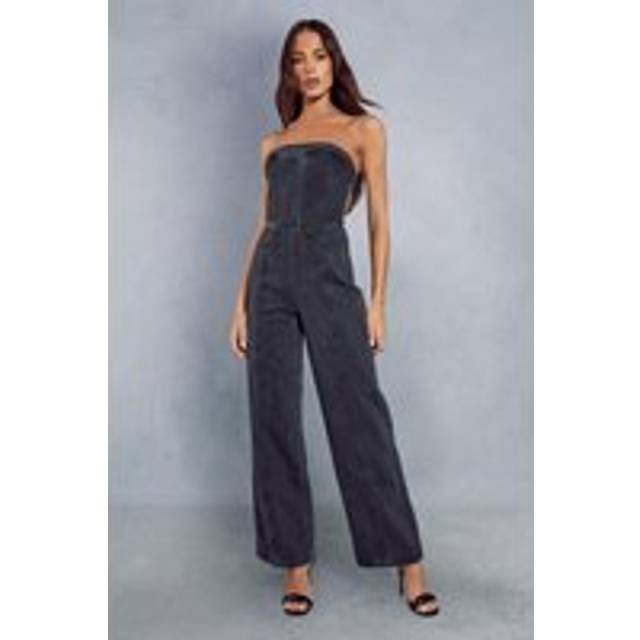 MissPap Womens Seam Detail Bandeau Denim Jumpsuit - Black Cotton - Size 10 UK