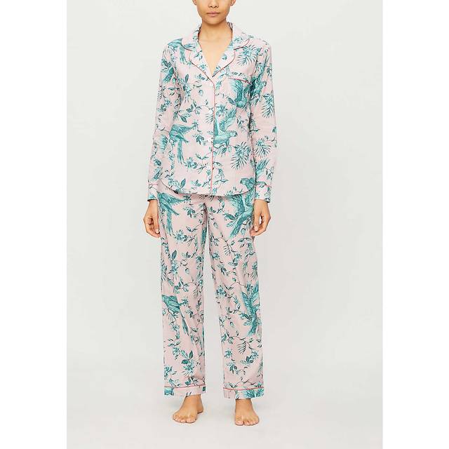 Desmond and Dempsey Womens Pink Green Bromley Parrot Printed Organic Cotton Pyjama Set M