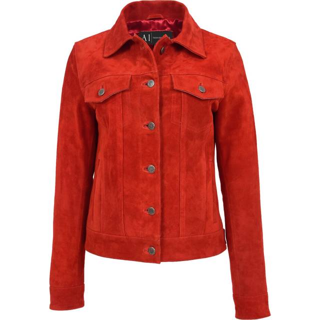 Womens red suede trucker jacket girls fitted american western denim biker style