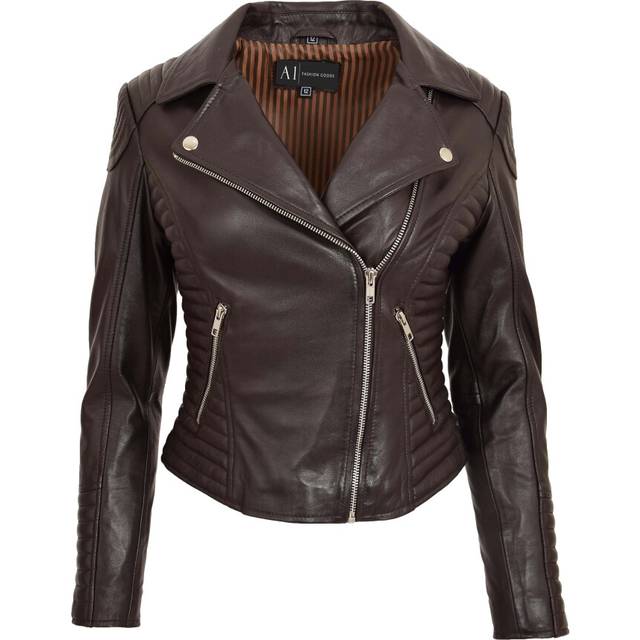 (Brown, 8) Womens Designer Leather Biker Jacket Fitted Quilted Bonita Brown