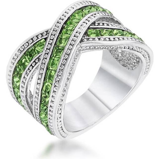 Rhodium Princess-Cut Green Cubic Zirconia Criss-Cross Ring