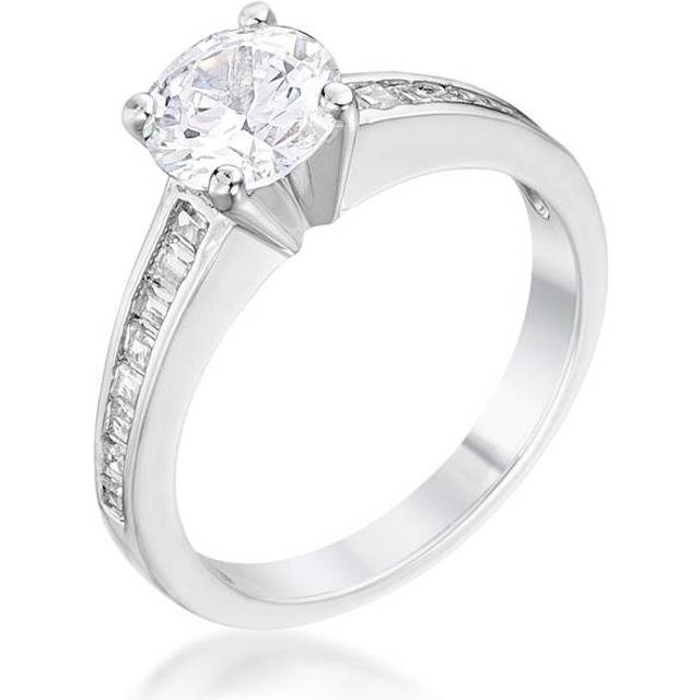 Silvertone Round-Cut Cubic Zirconia and Side Stone Engagement Ring