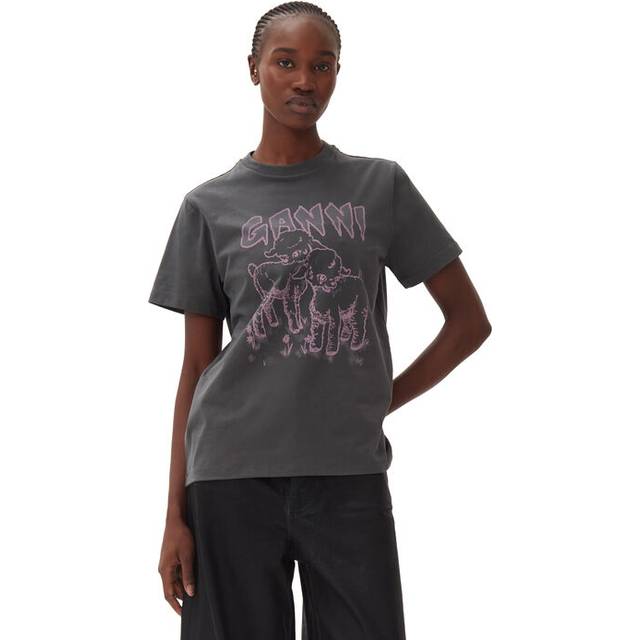 Ganni Womens Volcanic Ash Lambs Graphic-print Organic-cotton T-shirt S - VOLCANIC ASH