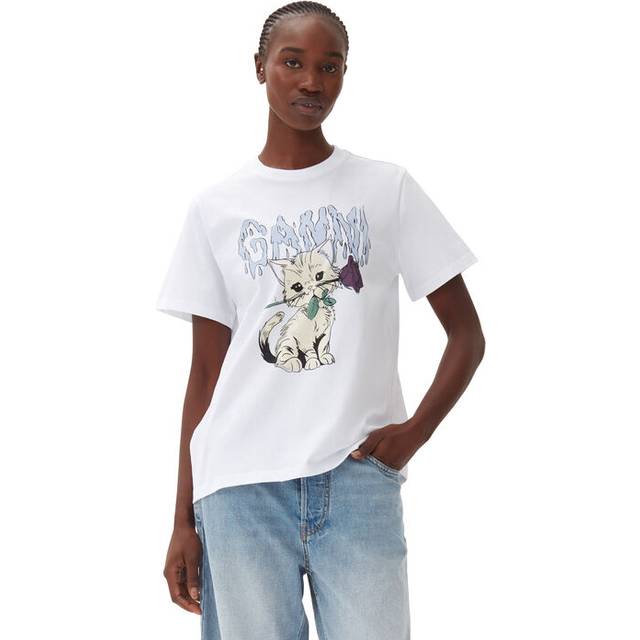 Ganni Womens Bright White Rose Cat Graphic-pattern Organic-cotton T-shirt M - BRIGHT WHITE
